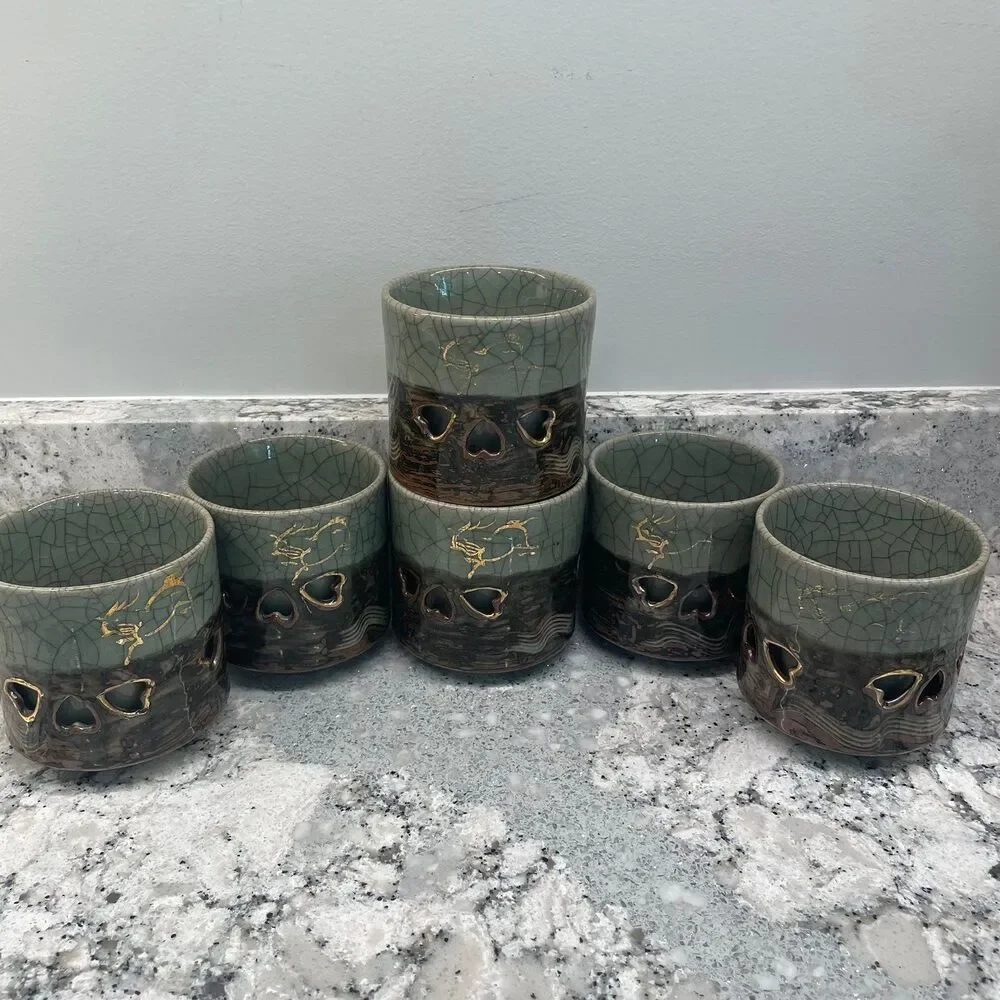 Vintage Somayaki Soma Ware Green Crackle Gold Horse Double Wall Mugs Set 6